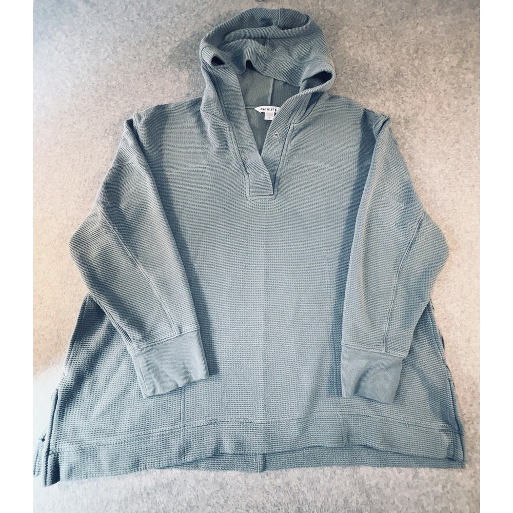 Athleta Women XL Waffle Knit Oversized Hooded Pullover Sage Green Snap Neck